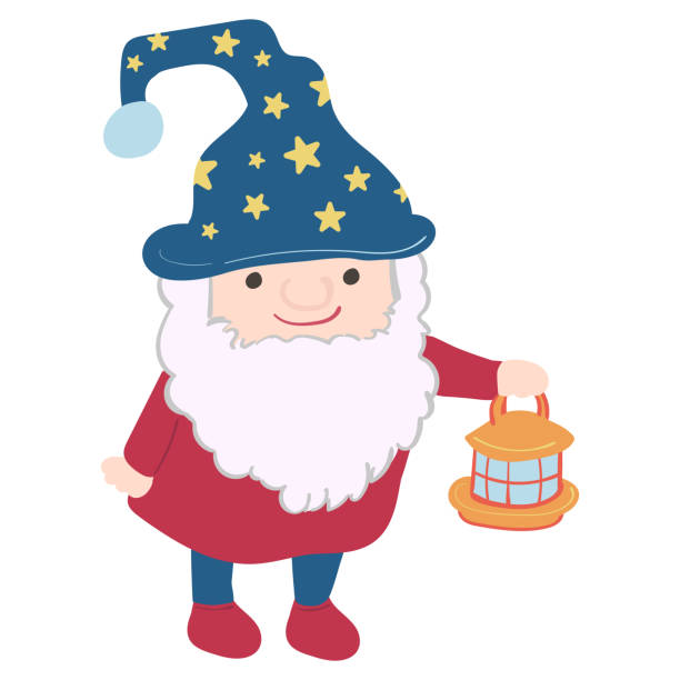 zwergenzauberer hält laternenillustration im cartoon-stil - gnome troll wizard dwarf stock-grafiken, -clipart, -cartoons und -symbole