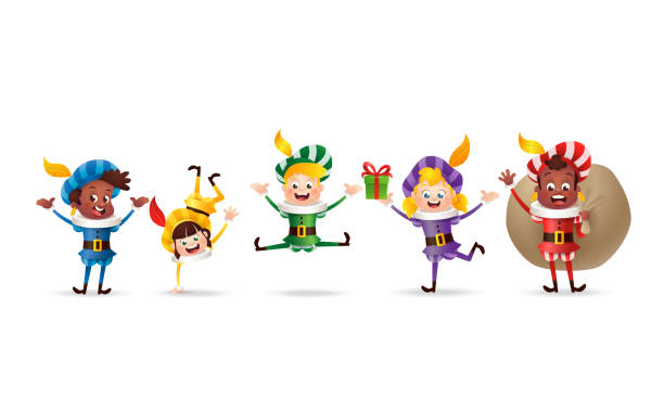 stockillustraties, clipart, cartoons en iconen met happy and cute kids celebrate saint nicholas day or sinterklaas day - vector illustration isolated - sinterklaas