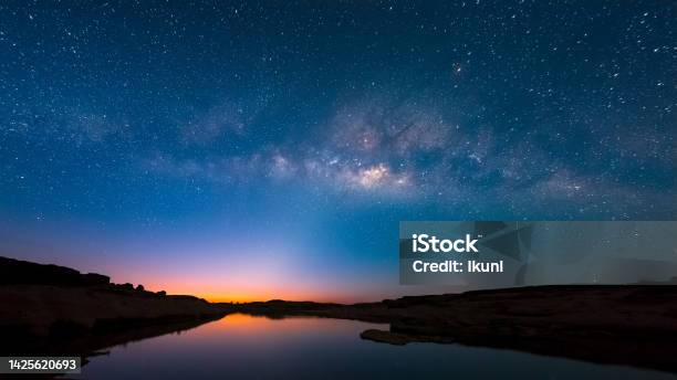 Milky Way And Sunrise Over Sam Pan Bok Canyon Ubon Ratchathani Thailand Stock Photo - Download Image Now