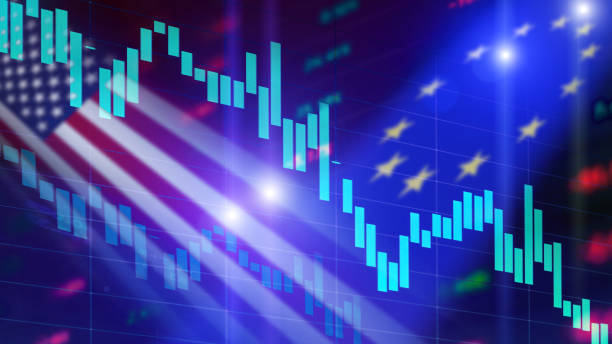 a stock market background with usa and european union flags and falling market charts - currency exchange currency european union currency dollar imagens e fotografias de stock