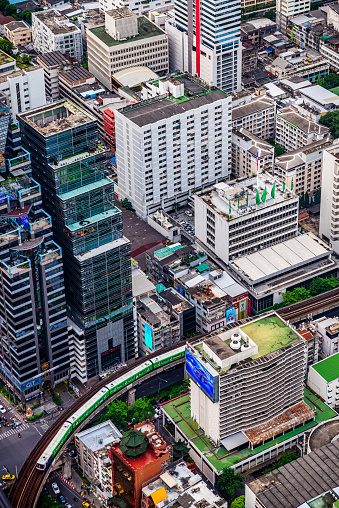 Aerial view of BTS skytrain between the building in bangkok, Thailand