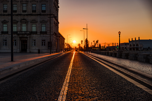 Photo of sunlight and empty street in the center of Lisbon in Portugal in the morning