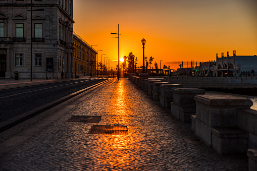 Photo of sunlight and empty street in the center of Lisbon in Portugal in the morning