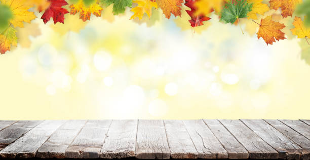 istock Wooden table and autumn bokeh background 1425627556