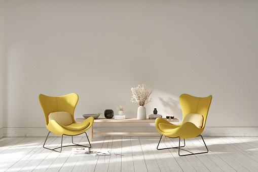 Living room interior with two modern yellow armchairs. Minimalism concept. 3d render image.