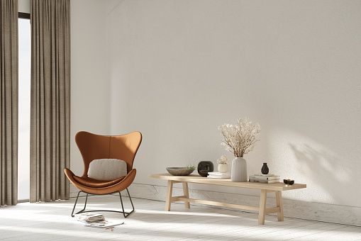 Living room interior with modern orange armchair. Minimalism concept. 3d render image.