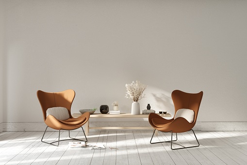 Living room interior with modern orange armchairs. Minimalism concept. 3d render image.