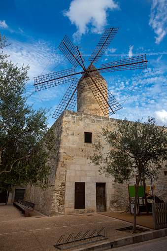 Manacor, Palma de Mallorca - Spain - September 15, 2022. Mill de Fraret, The tower of the mill, one of the highest in Mallorca with five levels and approximately 15 m.