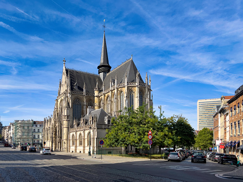 Church Notre Dame des Sablons, \nView of Brussels, Belgium, capital of Europe, with architecture and tourist views