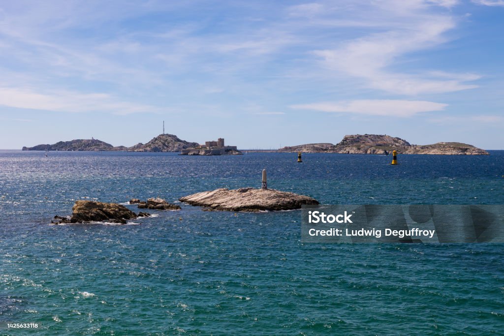 View of the Mediterranean, the Frioul Islands and the Château d'If from the Corniche Kennedy in Marseille Architecture Stock Photo