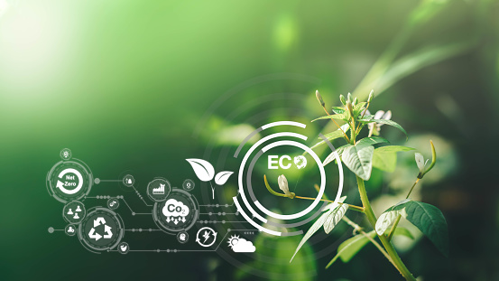 Sustainable energy and smart technology icon on blurred nature background, Environmental and Ecology concept. AI, Futuristic Smart virtual screen, Internet of things, social media, big data, metaverse