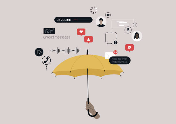 A yellow umbrella shielding a user from irritating pop up notifications, messages, incoming calls, timers, and other distractions A yellow umbrella shielding a user from irritating pop up notifications, messages, incoming calls, timers, and other distractions millennials stock illustrations