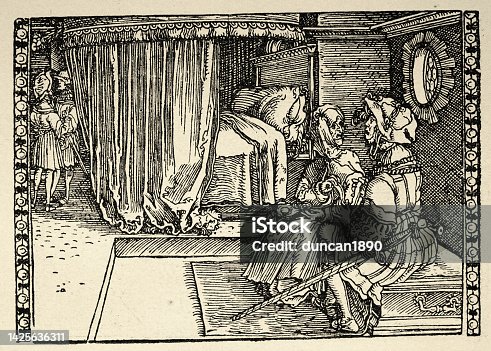 istock Old woman talking to lord in a bed chamber, Medieval, Renaissance, history, early 16th Century German woodcut 1425636311