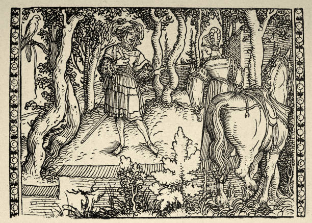 adliger und frau unterhalten sich im umzäunten garten, deutsche kunst des späten 16. jahrhunderts - ummauerter garten stock-grafiken, -clipart, -cartoons und -symbole