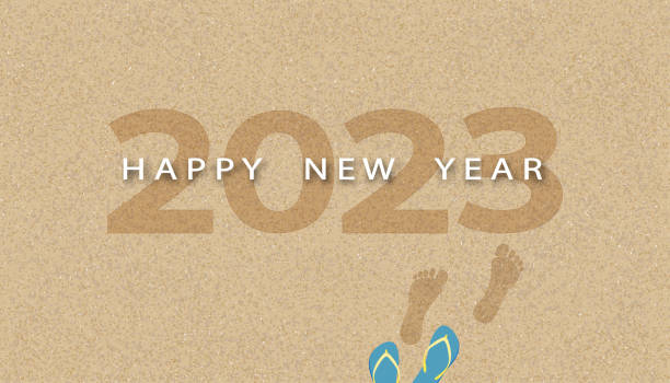 istock Happy new year 2023 text,footprint and sandal on brown sand beach background.Vector top view foot steps walking forward on sea sand, Banner concept for future or moving forward for businesss success 1425637079