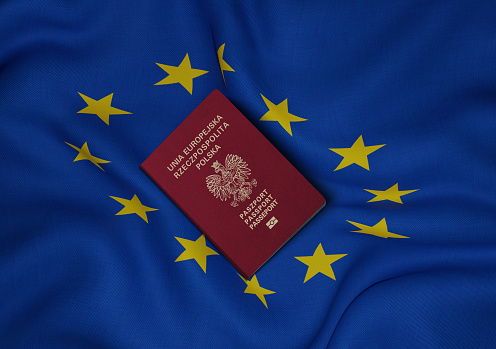 Poland passport with European Union flag in background ,Polish passport is an international travel document issued to nationals of Poland