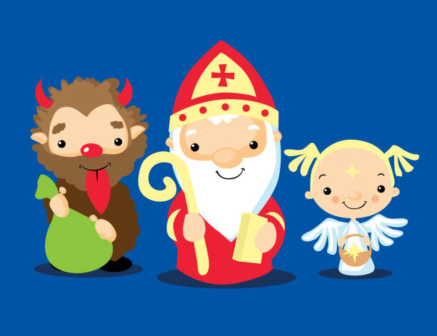 Saint Nicholas, Angel and a Devil Cartoon Illustration Simple Cute Flat Design vector art illustration