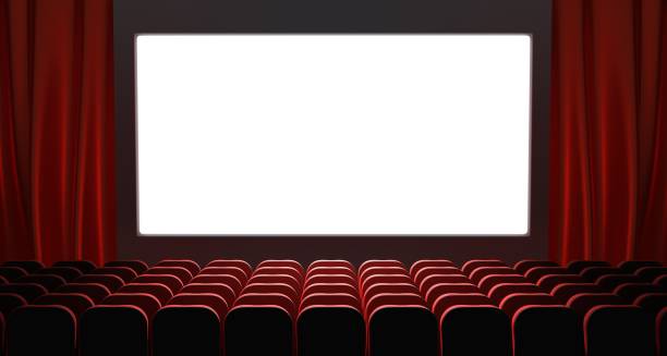 kino, kinosaal mit weißer leinwand, roten vorhängen und sitzreihen. realistisches interieur des dunklen kinosaals mit heller leinwand und stuhlrücken. premiere des films - eingangshalle wohngebäude innenansicht stock-fotos und bilder