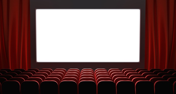 Movie theater, cinema hall with white screen, red curtains and rows of seats. Realistic interior of dark cinema auditorium with light blank screen and chair backs. Premiere of film
