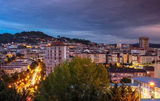 Panoramic high angle view above Southern part of city of Sofia, Bulgaria, Eastern Europe during the blue hour and the downtown night illumination, including: Vitosha mountain and the highest peak of Cherni Vrah as a background. Shot on Canon EOS full frame system with prime lens.