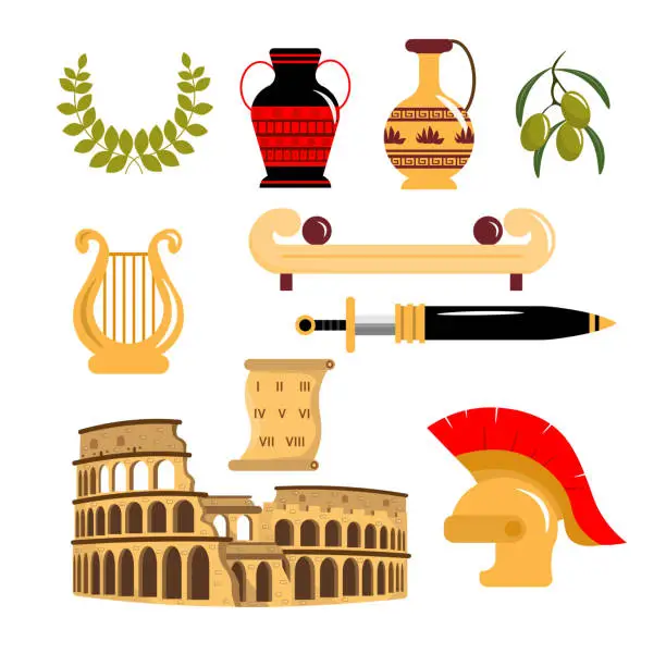 Vector illustration of Set of equipment from ancient Romans in cartoon style. Vector illustration of wreaths with olive branch, jugs, clay pots, olives, harp, sword, helmet, coliseum, scroll, sofa white background.