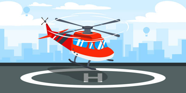 illustrazioni stock, clip art, cartoni animati e icone di tendenza di illustrazione vettoriale di bellissimo eliporto. edifici urbani a cartoni animati con elicotteri di atterraggio e città sullo sfondo. - helipad