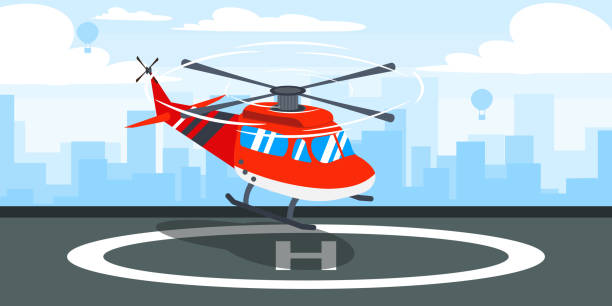 아름다운 헬리콥터의 벡터 일러스트레이션. 착륙 헬리콥터와 도시를 배경으로 한 만화 도시 건물. - helipad stock illustrations