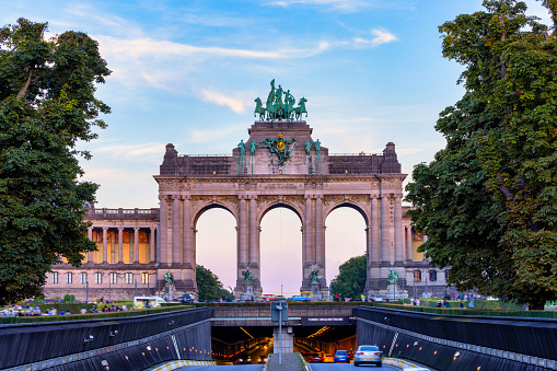 Triumphal Arch: Cinquantenaire in Jubelpark, with tunnel underneath\nView of Brussels, Belgium, capital of Europe, with architecture and tourist views