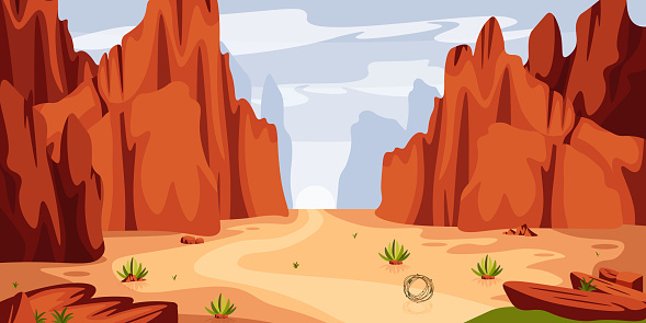 Vector illustration of beautiful canyon. Cartoon mountain landscape with canyons, rocks, desert, low vegetation.