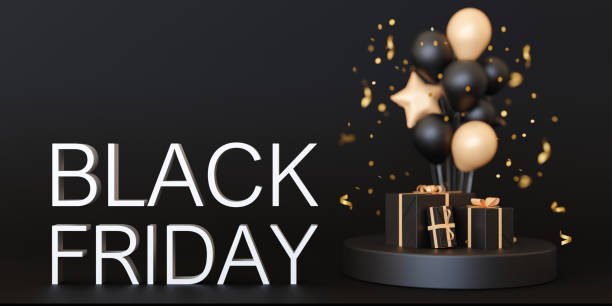 istock Banner with BLACK FRIDAY text, balloons and presents. White letters on black background. Special offer, good price, deal, shopping time. Black friday sale. Discount. 3d rendering. 1425647885