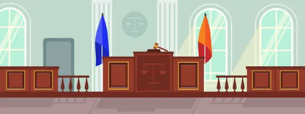 Vector illustration of Vector illustration modern interior law court. Cartoon interior with flags, judge and jury table, gavel.