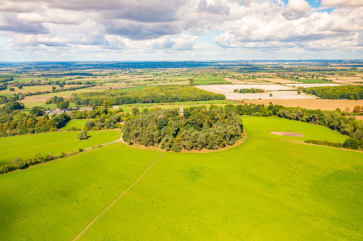 Aerial photo captured on a drone of Faringdon Folly Tower and Woodland in Faringdon, Oxfordshire, UK.