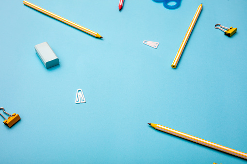 School Supplies with blue background
