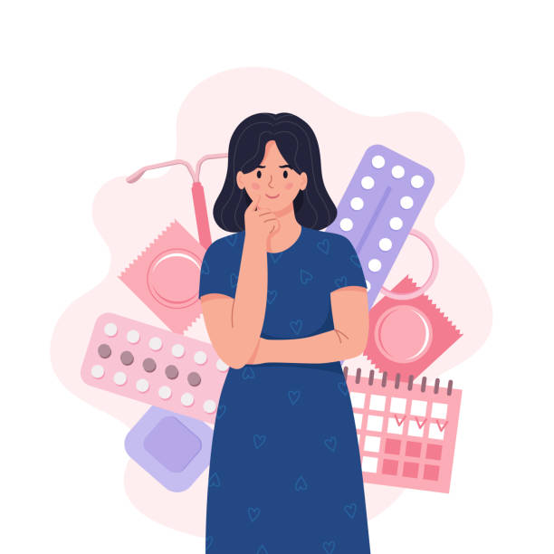 different types of female contraception. concept of woman that are thinking about appropriate contraception for her. protection against sexually transmitted diseases. cartoon flat vector illustration. world contraception day, 26 september. - 家庭計劃 幅插畫檔、美工圖案、卡通及圖標