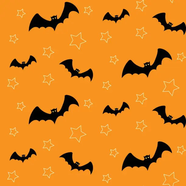 Vector illustration of Halloween seamless pattern with bats flying around stars on orange background