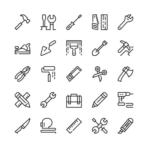 ilustraciones, imágenes clip art, dibujos animados e iconos de stock de iconos de línea de herramientas de trabajo. símbolos de contorno. conjunto de iconos de línea vectorial - hardware store work tool carpentry home improvement