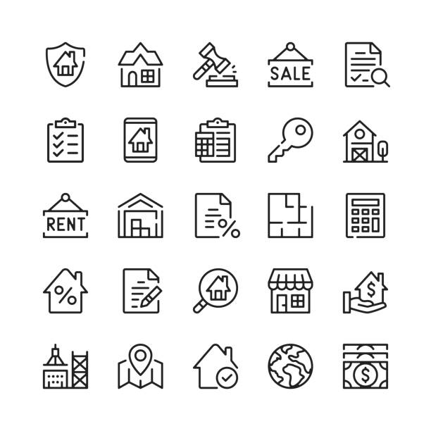 ilustraciones, imágenes clip art, dibujos animados e iconos de stock de iconos de línea inmobiliaria. símbolos de contorno. conjunto de iconos de línea vectorial - propiedad inmobiliaria comercial