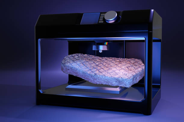 3D printer printing an edible steak. Illustration of the concept of futuristic and sustainable food solution 3D printer printing an edible steak. Illustration of the concept of futuristic and sustainable food solution 3d printing filament photos stock pictures, royalty-free photos & images