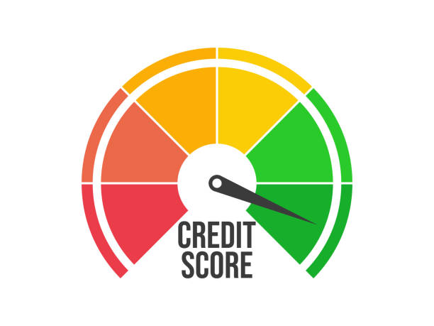 отличный кредитный рейтинг. индикатор кредитного рейтинга выделен на белом фоне. стрелка указывает на зеленый цвет. индикатор кредитного р - credit score stock illustrations
