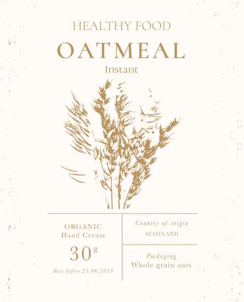 Vector illustration of Set of customizable oatmeal labels of Natural healthy food. Cereal oat products packaging templates. Contemporary design for Cosmetics, Pharmacy, bakery