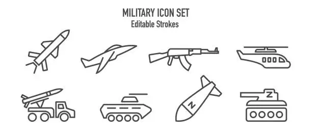 Vector illustration of Military army icon set. War design elements, Outline style black collection for web and media