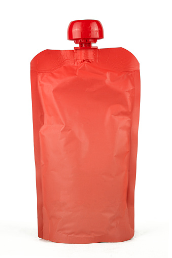 Red puree drink pouch bag mockup isolated on white background