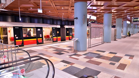 Warsaw, Poland. 20 September 2022. Second line of Warsaw Subway system. Warsaw metro station interior. Bemowo station.