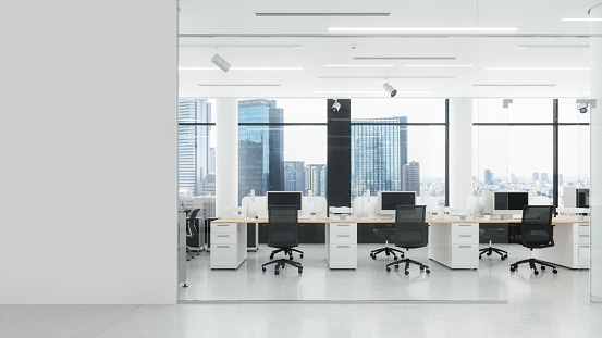 Modern empty office room with white blank wall.