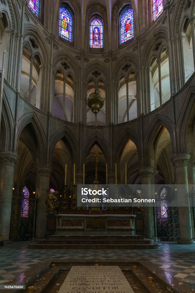 The interior with altar of the men's abbey l'Abbaye-aux-Hommes, Caen, Normandy, France Abbey - Monastery Stock Photo
