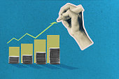 stacks of coins and growth graph. Hand draws a graph of growth. Profitable investment, business concept. art collage.