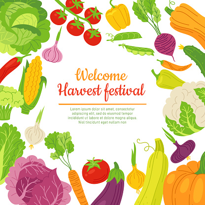 Harvest Festival welcome banner cartoon vegetables. Farming advertisement poster template card with healthy diet food. Organic cooking poster design, farm product veggies background vector