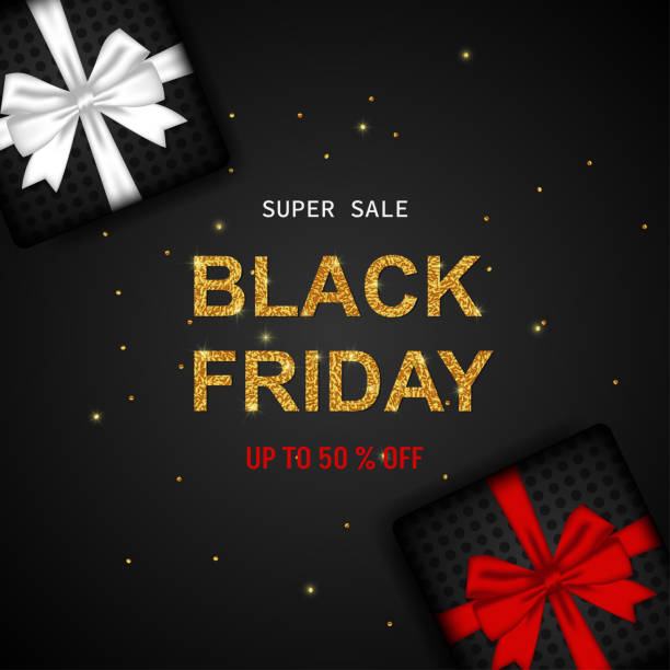 istock Black friday super sale black banner with gift boxes and gold 1425681664