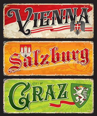 Salzburg, Vienna, Graz austrian city plates and travel stickers. Austria provinces vector vintage banners with heraldic symbolic and coat of arms. Touristic grunge signs, postcards, scratchy boards