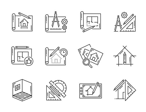 Architect development and interior design icons Architect development and interior design icons, vector house plan and ruler. Home construction project or architecture development and interior design linear icons for real estate engineering house outside drawings stock illustrations